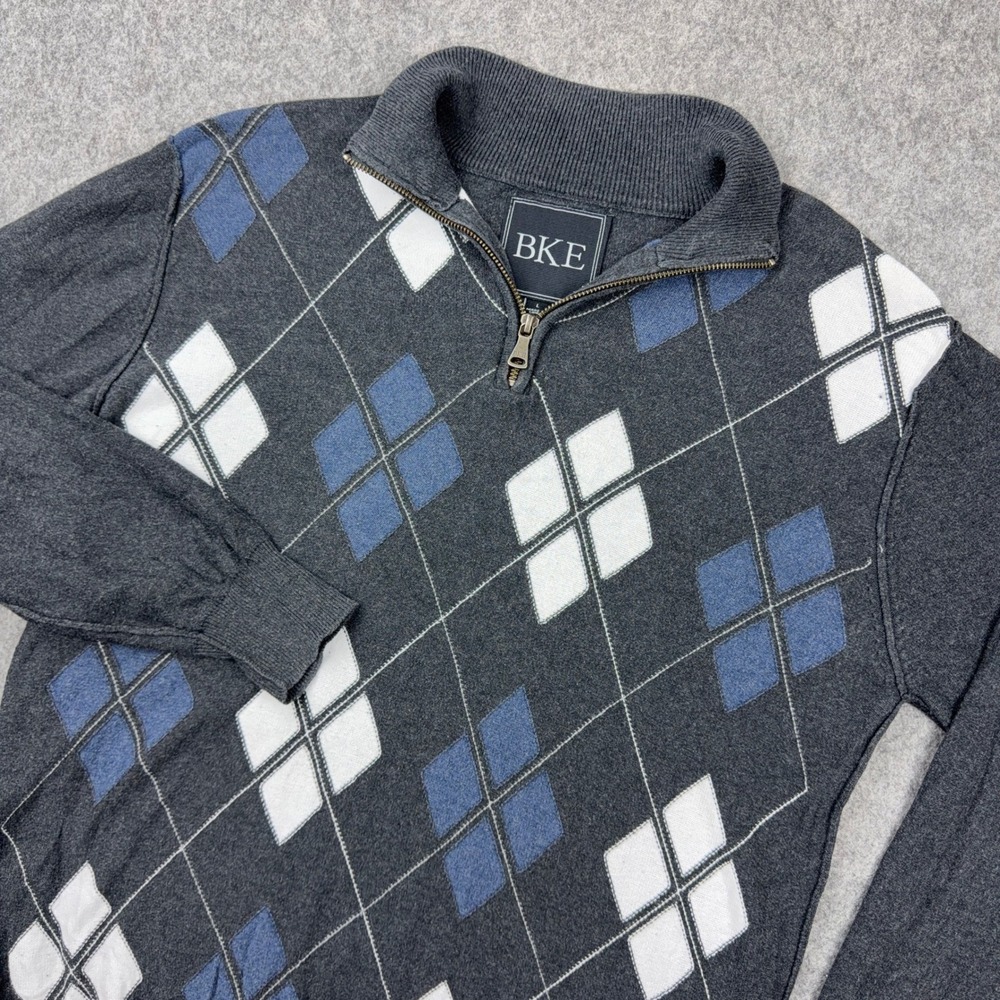 VTG BKE Sweater Mens Large Gray Blue Argyle 1/4 Zip Cotton Pullover Y2K Preppy